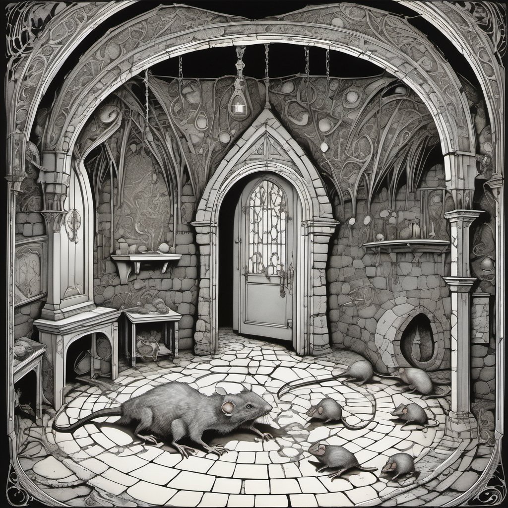 inside gloomy dungeon room with rats lurking in shadows zentangle mansion, reflective stagnant puddles, dripping stonework, gothic architecture, ornate detail, non-Euclidean geometry,  style by Arthur Rackham, Edward Gorey, Escher
,more detail XL