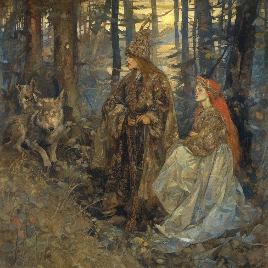 beautiful face, weird bewildering beautiful Russian fairy tale, painting of rustic folklore subjects, thieves heroes kings peasants beautiful-damsels terrifying-witches enchanted-children crafty-animals, epic cinematic light, bold oil-paint brush strokes, style by Mikhail Vrubel and Viktor Vasnetsov