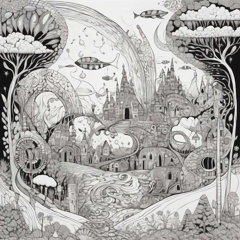 black and white continuous line drawing ,  Whimsical Dream surreal landscape, lucid dreaming. dream-like elements, detailed  harmonious composition. imaginative world with intricate patterns  whimsical details, black technical pen on white smooth illustration board,aw0k straightsylum