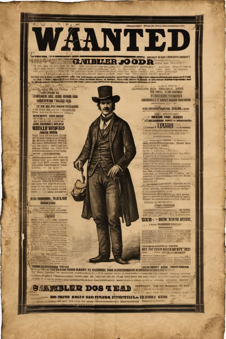1870's wanted poster, gambler , scoundrel, etching on worn antique paper
