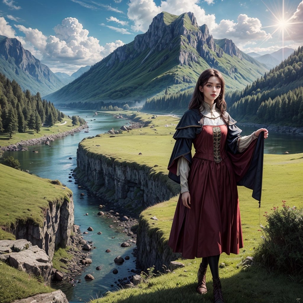 (masterpiece, top quality, best quality, official art), caucasian, woman, wearing a-line dress, standing on a hill of green grass, a river, a mountain in the background, very shiny sun, some clouds, medieval era, photorealism