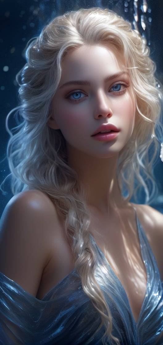 Photorealism, beautiful woman with translucent-water-like
hair resembling a waterfall, glowingbody emitting cosmic energy, work of beauty and complexity, sci-fi, 
 Monster,arcane,steampunk style, galaxy background, blue top, water elements, amber_eyes