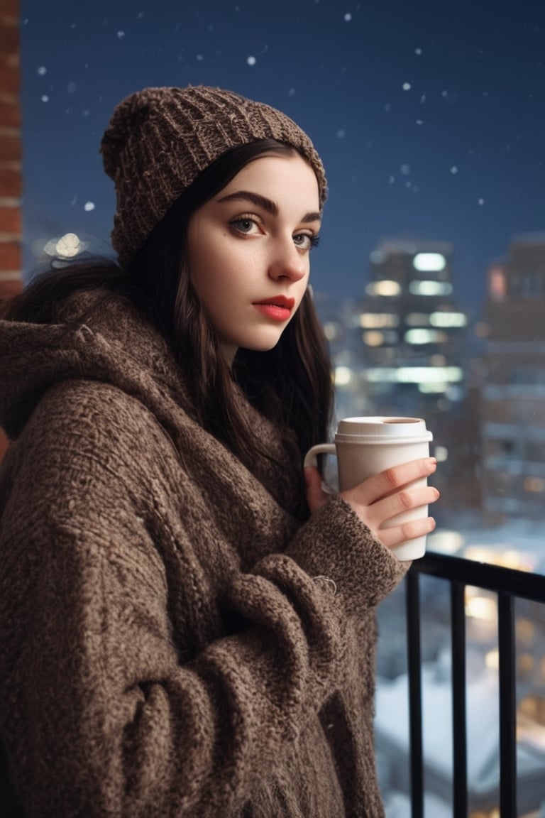 A 15 year old girl with short black hair and snow white skin, waring warm clothes and a beanie stands on a balcony, her big cup of coffee a comforting companion in the cold winter air. The city lights twinkle in the background, casting a warm glow on the snowy streets. The brown tones of the buildings add a touch of coziness to the scene, making it feel like a peaceful escape from the bustling city.