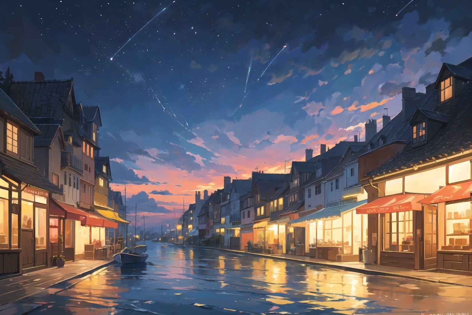 "An enchanting artistic rendition of a petite traditional village by the sea, set against the backdrop of a resplendent sunset. The elements, including the charming store, meandering footpaths, and the gentle brook, are portrayed in a stylized, CG format, reminiscent of a fairy tale. The sea glimmers with a myriad of colors, reflecting the fading hues of twilight. The beach is adorned with intricate food art, adding a whimsical touch. Above, the night sky twinkles with stars, creating a dreamlike atmosphere.,EpicArt