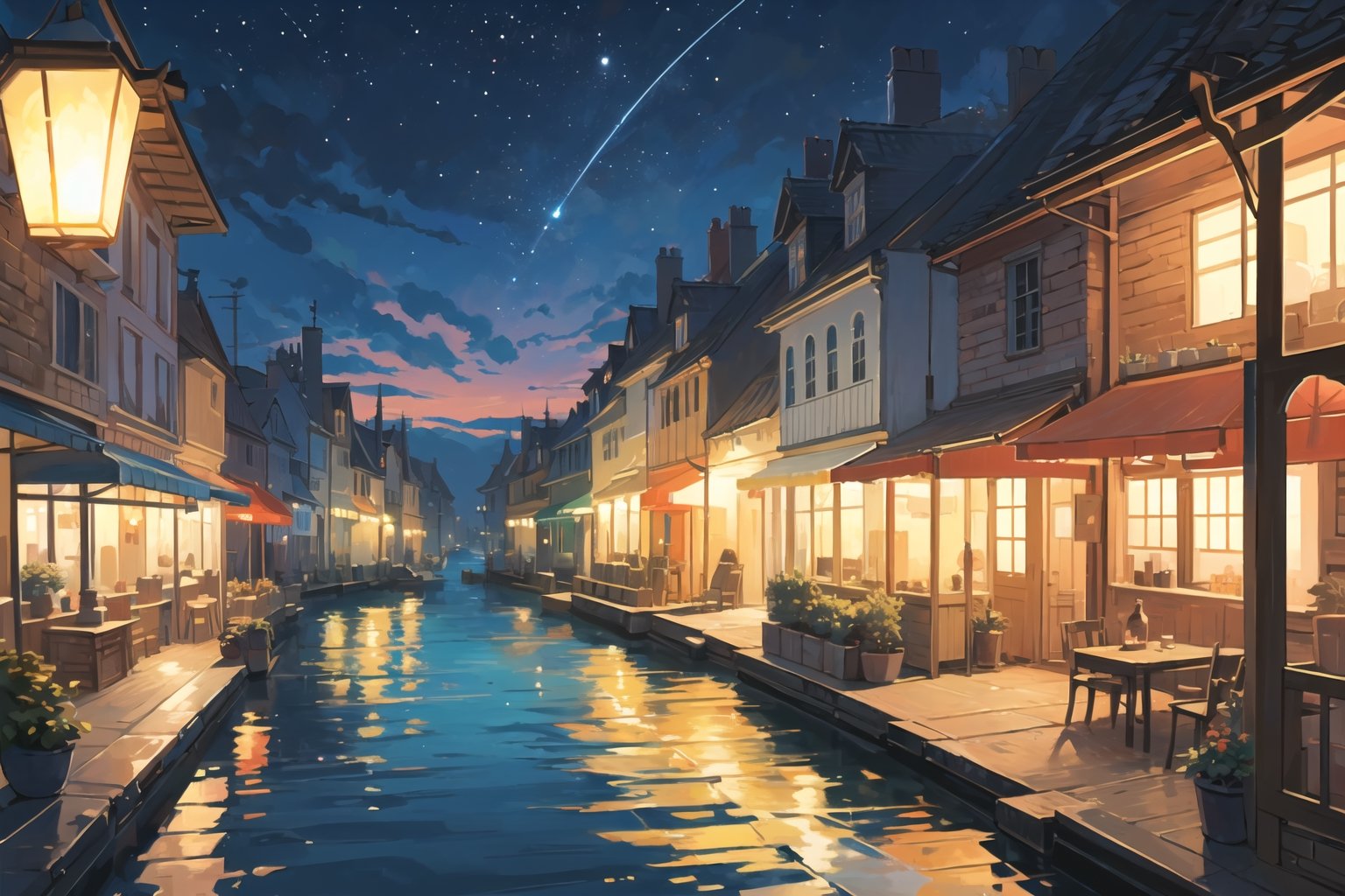 "An enchanting artistic rendition of a petite traditional village by the sea, set against the backdrop of a resplendent sunset. The elements, including the charming store, meandering footpaths, and the gentle brook, are portrayed in a stylized, CG format, reminiscent of a fairy tale. The sea glimmers with a myriad of colors, reflecting the fading hues of twilight. The beach is adorned with intricate food art, adding a whimsical touch. Above, the night sky twinkles with stars, creating a dreamlike atmosphere.,EpicArt