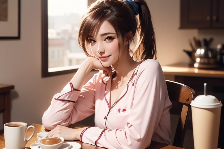 (4k), (masterpiece), (best quality), (extremely intricate), (realistic), (sharp focus), (award winning), (cinematic lighting), (extremely detailed), (epic),

(((1girl))), long hair, ponytail hair, brown hair, honey eyes, cute smile, cute eyes, happy, Wearing pyjamas, morning routine, breakfast, coffee, table,