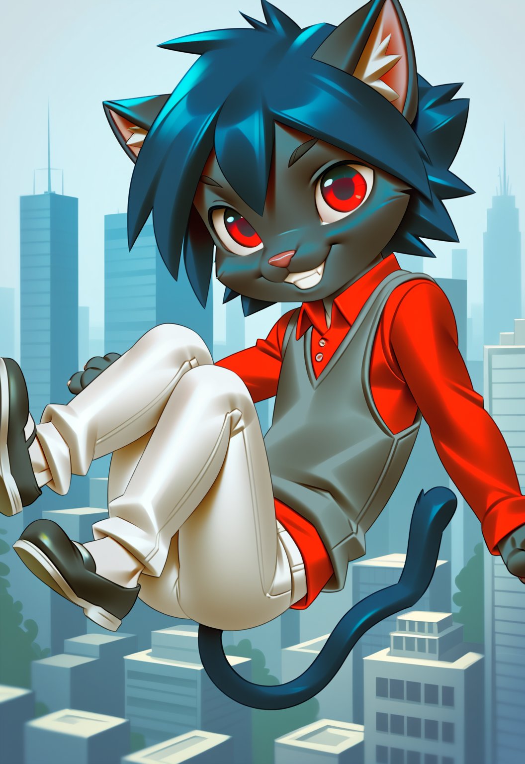 (masterpiece), best quality, ranting_9_up, ranting_8_up, anime:1, furry_source:1, (torso focus, torso potrait), ((miles df)),

1boy, solo, anthro cat boy, small body, child, black blue fur, red eyes, cat snout, cat nose, cat tail, ((jean pants, grey sweater vest, red shirt, , black shoes)), 

jumping pose, floating pose, smiling, looking at the camera

city background, simple city background.