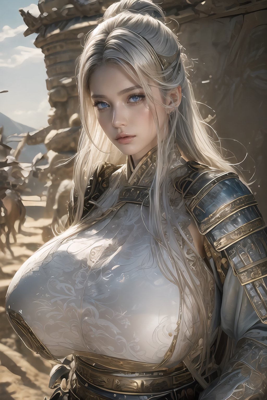 Natural Light, (Best Quality, highly detailed, Masterpiece), (beautiful and detailed eyes), (realistic detailed skin texture), (detailed hair), (large breast), ( silver hair, light blue eyes), (Fantasy aesthetic style), (realistic light and shadow), (real and delicate background), ((cowboy shot)), (from high), 1girl, A handsome young general, clad in ancient Han armor and a helmet, stands confidently on the savannah landscape. He holds a sword as he commands a group of ancient Han soldiers in their traditional armor and uniforms. 