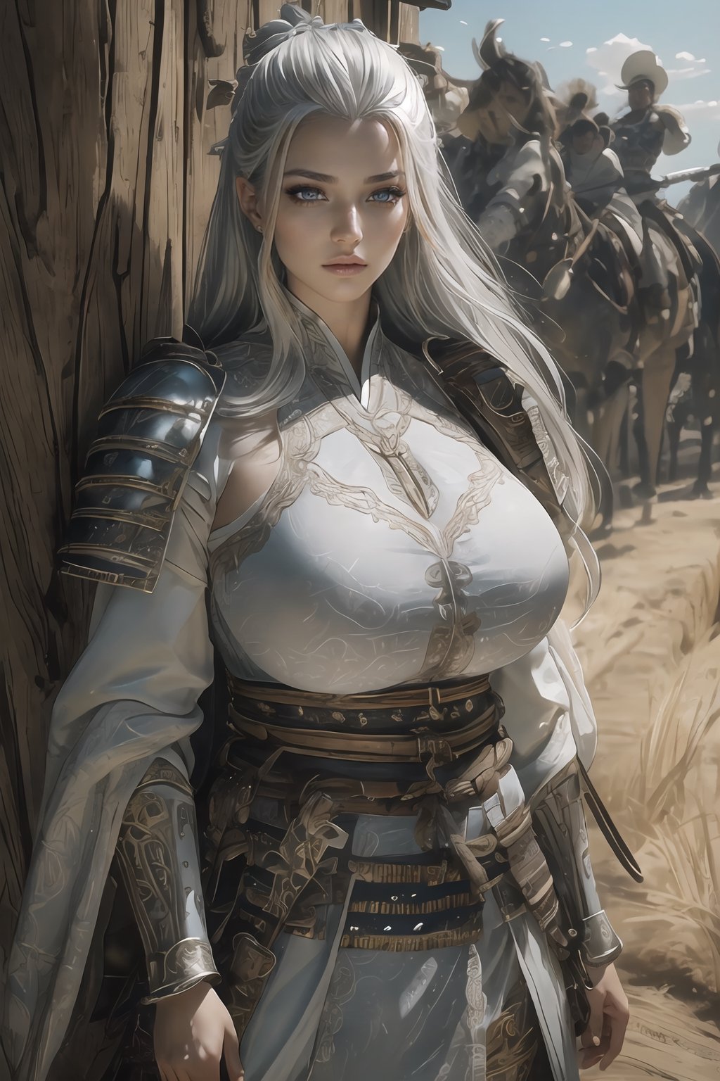 Natural Light, (Best Quality, highly detailed, Masterpiece), (full body: 1.4), (beautiful and detailed eyes), (realistic detailed skin texture), (detailed hair), (large breast), ( silver hair, light blue eyes), (Fantasy aesthetic style), (realistic light and shadow), (real and delicate background), ((cowboy shot)), (from high), 1girl, A handsome young general, clad in ancient Han armor, stands confidently on the savannah landscape. He holds a sword as he commands a group of ancient Han soldiers in their traditional armor and uniforms. 