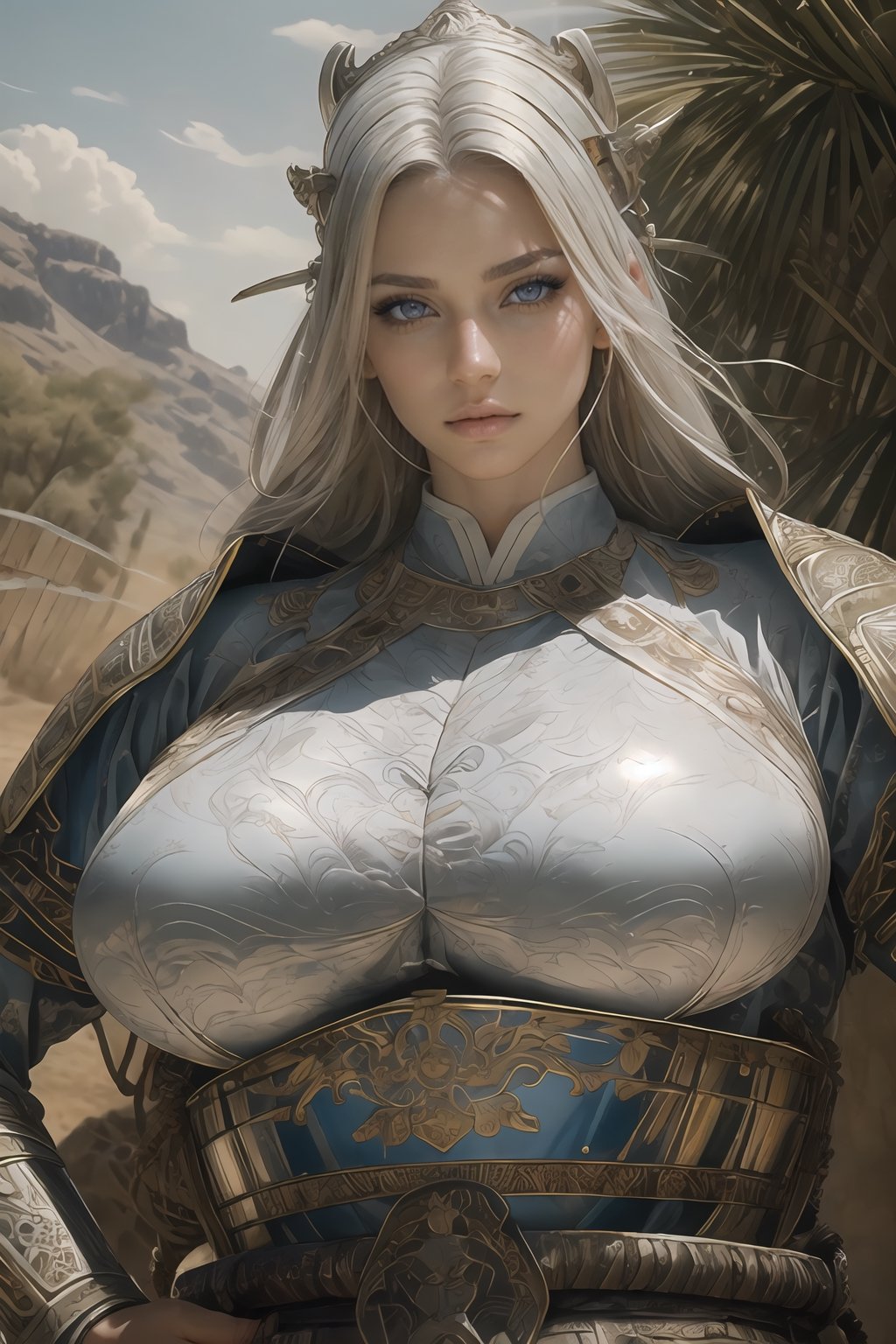 Natural Light, (Best Quality, highly detailed, Masterpiece), (beautiful and detailed eyes), (realistic detailed skin texture), (detailed hair), (large breast), ( silver hair, light blue eyes), (Fantasy aesthetic style), (realistic light and shadow), (real and delicate background), ((cowboy shot)), (from high), 1girl, A handsome young general, clad in ancient Han armor and a helmet, stands confidently on the savannah landscape. He holds a sword as he commands a group of ancient Han soldiers in their traditional armor and uniforms. 