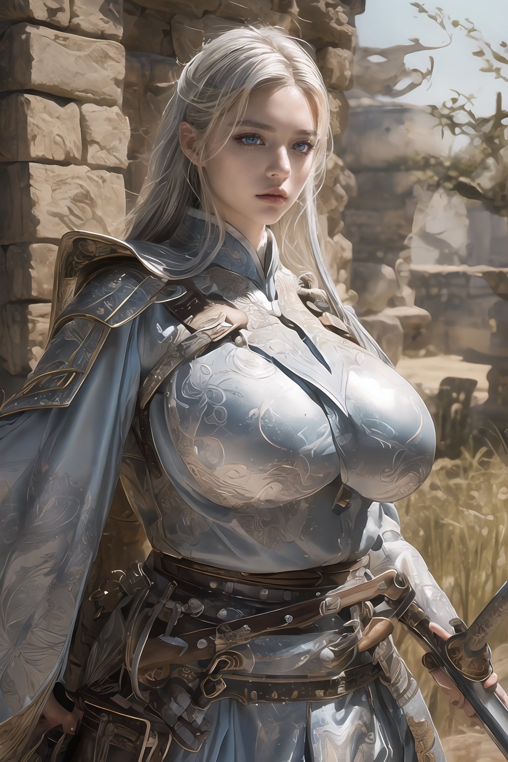 Natural Light, (Best Quality, highly detailed, Masterpiece), (beautiful and detailed eyes), (realistic detailed skin texture), (detailed hair), (large breast), ( silver hair, light blue eyes), (Fantasy aesthetic style), (realistic light and shadow), (real and delicate background), ((cowboy shot)), (from high), 1girl, A handsome young general, clad in ancient Han armor and a helmet, stands confidently on the savannah landscape. He holds a sword as he commands a group of ancient Han soldiers in their traditional armor and uniforms. 