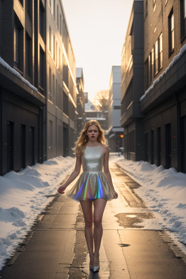 Emilie Nereng, sequin dress, rainbow, sunrise, walking, new years, alley, snow, In the style of realistic hyper - detailed. ((full-body. Facing the viewer)). (((35mm, style raw))). cinematic still frame,

,cutecore vaporwave style