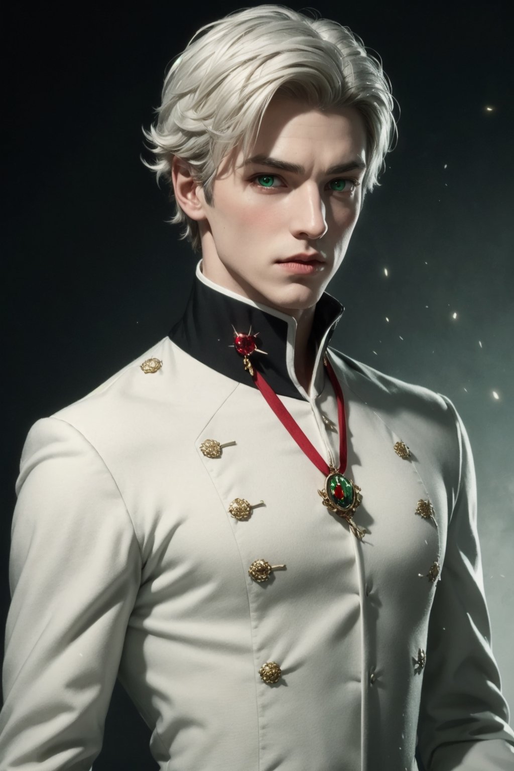 young and beautiful victorian vampire nobleman with short white hair and glowing green eyes, wearing white soldier clothes and a medal with a red gemstone, master pieces, best quality, trend in artstation