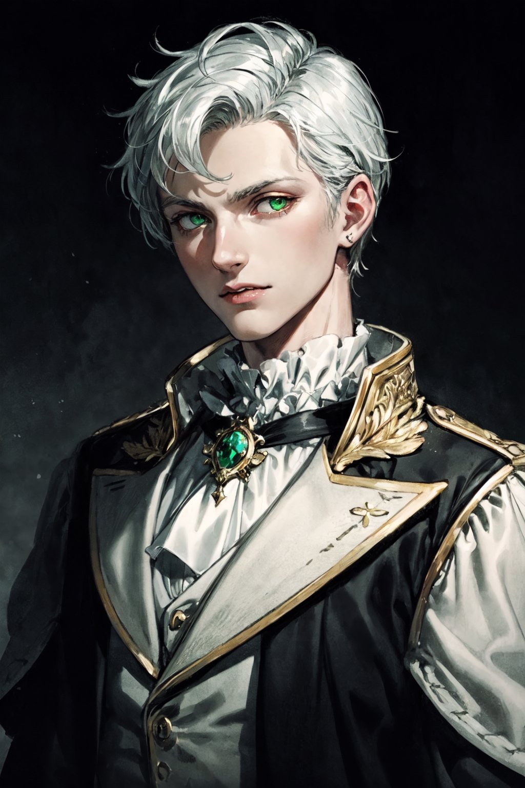 young and beautiful victorian vampire nobleman with short white hair and glowing green eyes, wearing white soldier clothes and a medal with a red gemstone, master pieces, best quality, trend in artstation