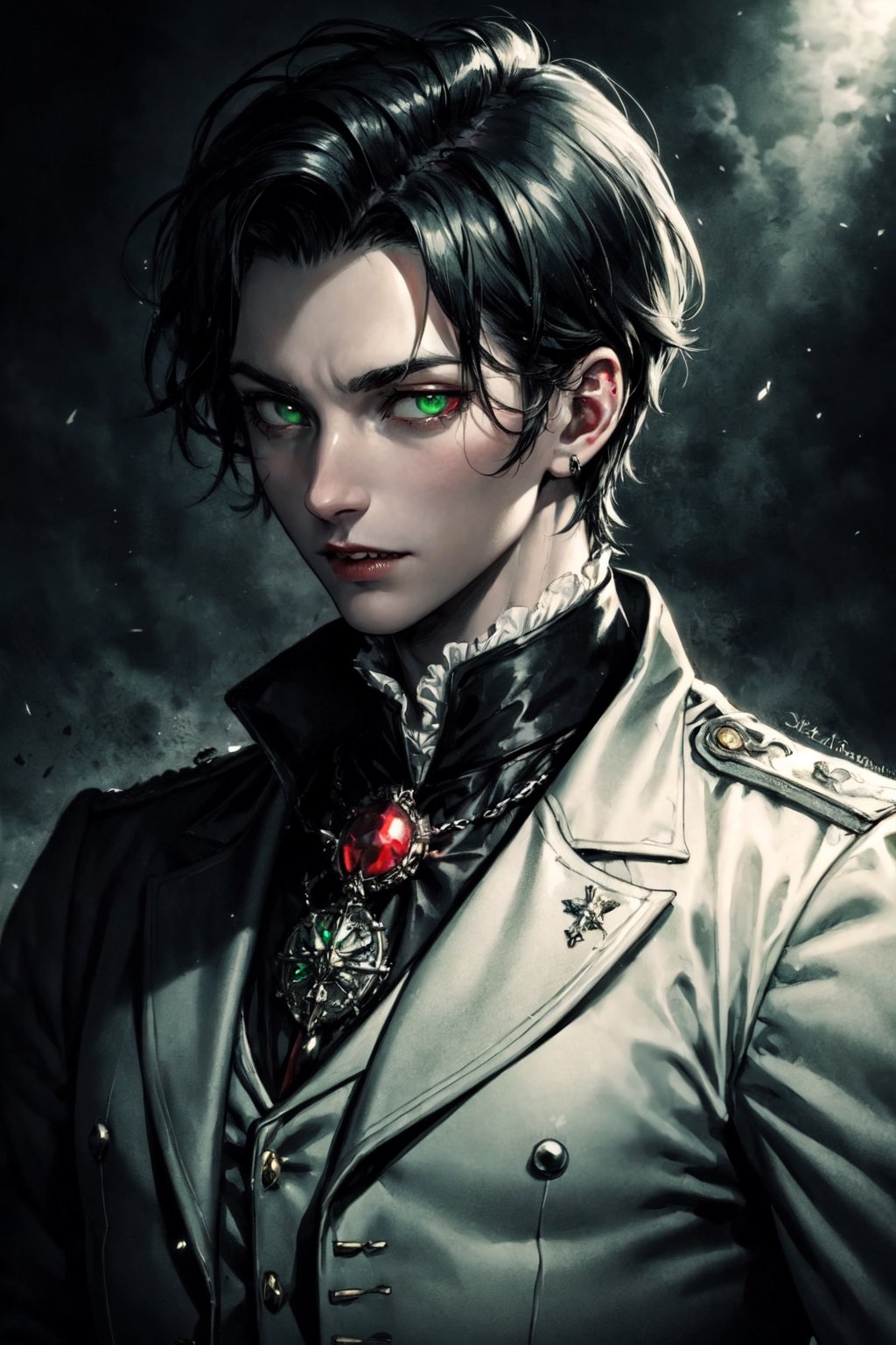 young and beautiful victorian vampire nobleman with short white hair and glowing green eyes, wearing white soldier clothes and a medal with a red gemstone, master pieces, best quality, trend in artstation