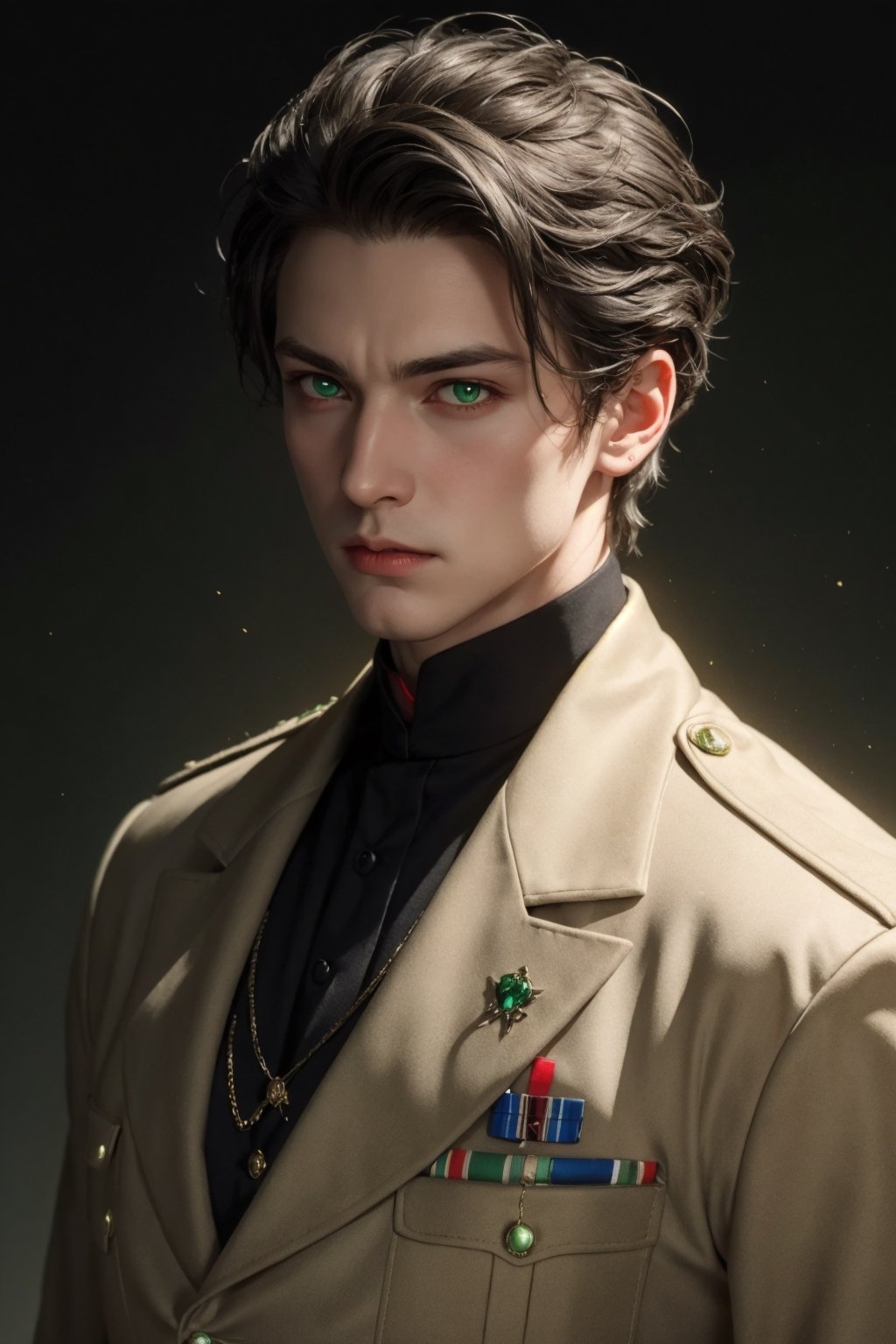 young and beautiful victorian vampire nobleman with short white hair and glowing green eyes, wearing soldier clothes, master pieces, best quality, trend in artstation