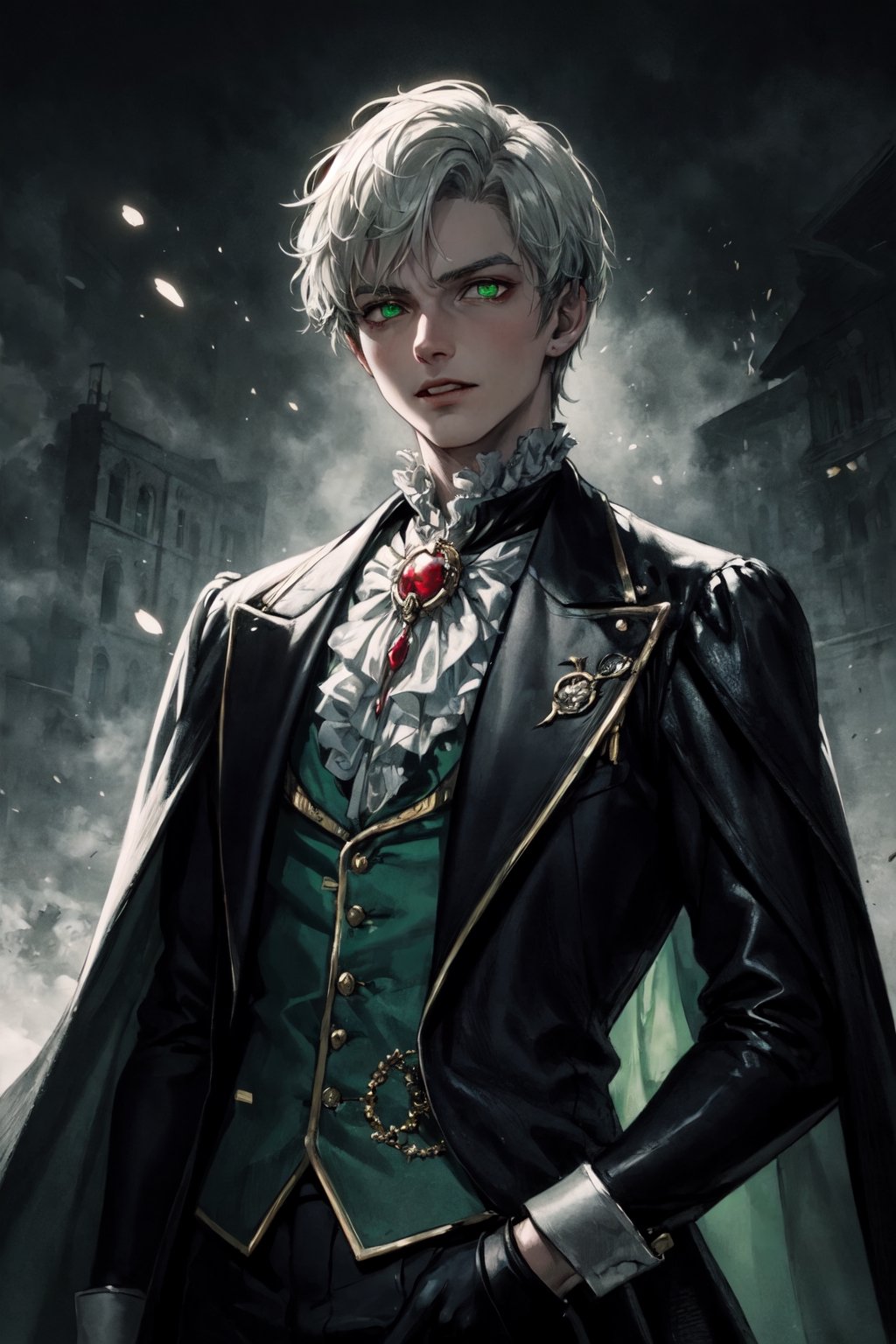 young and beautiful victorian vampire nobleman with short white hair and glowing green eyes, wearing white soldier clothes and a medal with a red gemstone, master pieces, best quality, trend in artstation