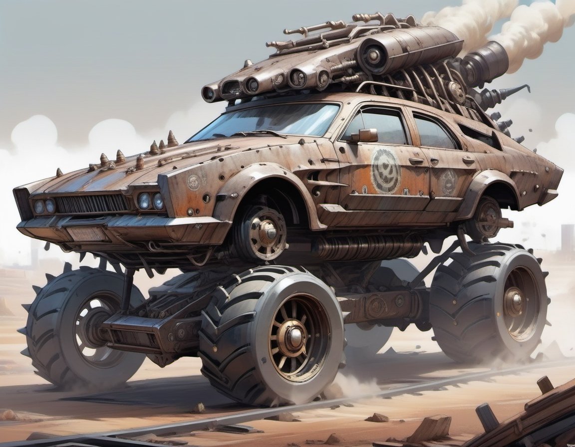 apocalyptic,monster car, steel plates, junk, spikes, rust, sketch, multiple tyres, armored, drawing,DonMS4ndW0rldXL,steampunk style