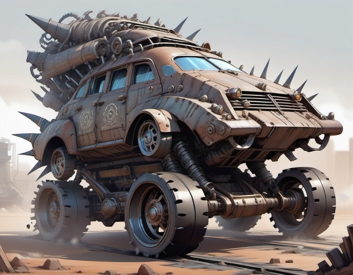 apocalyptic,monster car, steel plates, junk, spikes, rust, sketch, multiple tyres, armored, drawing,DonMS4ndW0rldXL,steampunk style