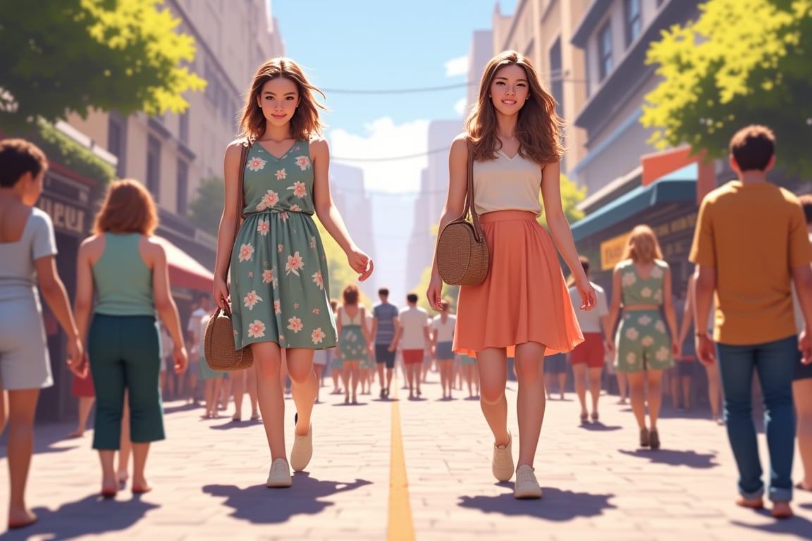 realistic style, two beautiful young women are walking down a crowded public pedestrian street in summer clothes, one is very small one is very tall, very big size difference, high detail, niji style,