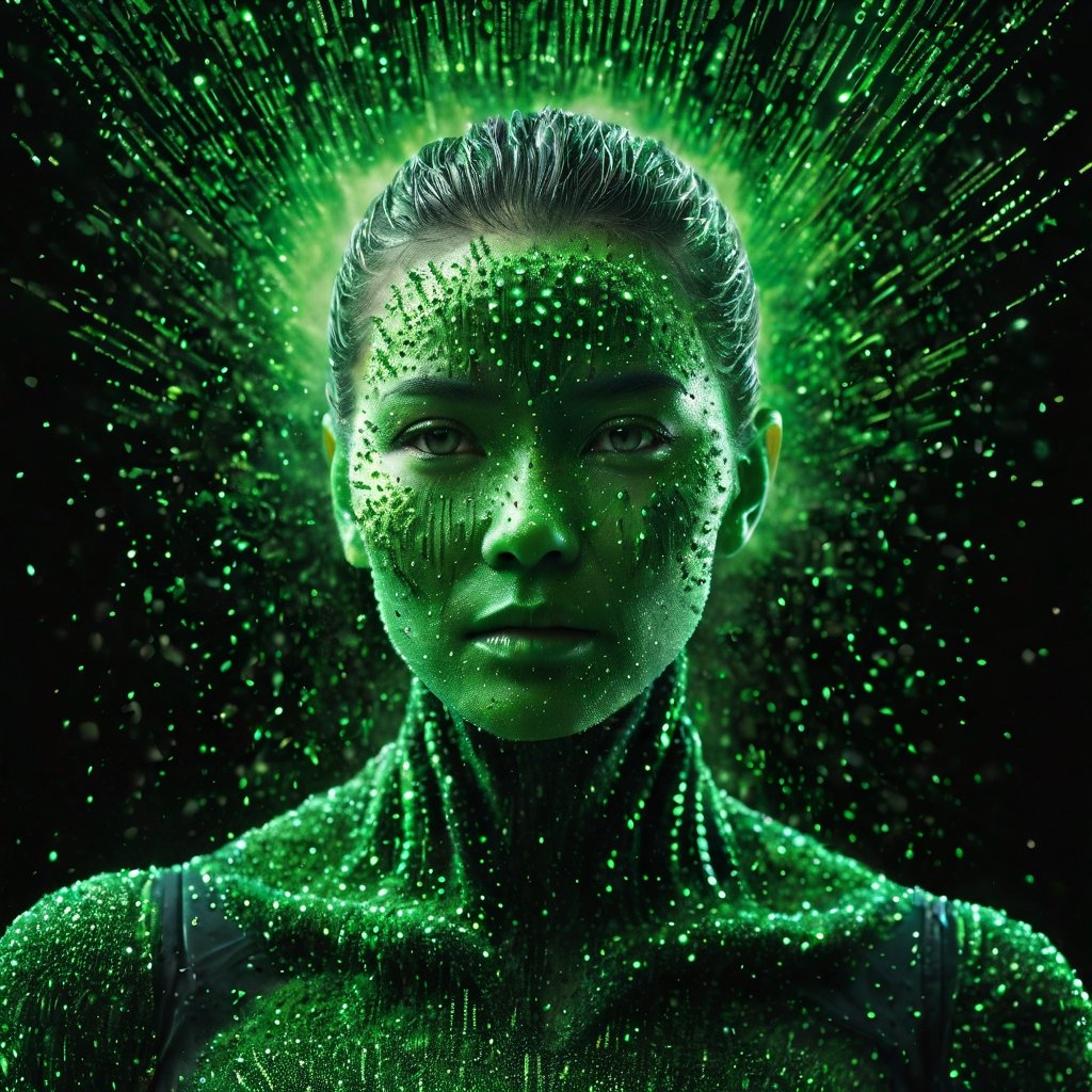 Commercial photography, powerful explosion of green dust, Hyper-realistic medium shot portrait with hyperdimensional artificial humanoid being,beautiful intricately detailed, with regularly textured bioluminescent skin, (vertical lines of green movie matrix code:1.4)