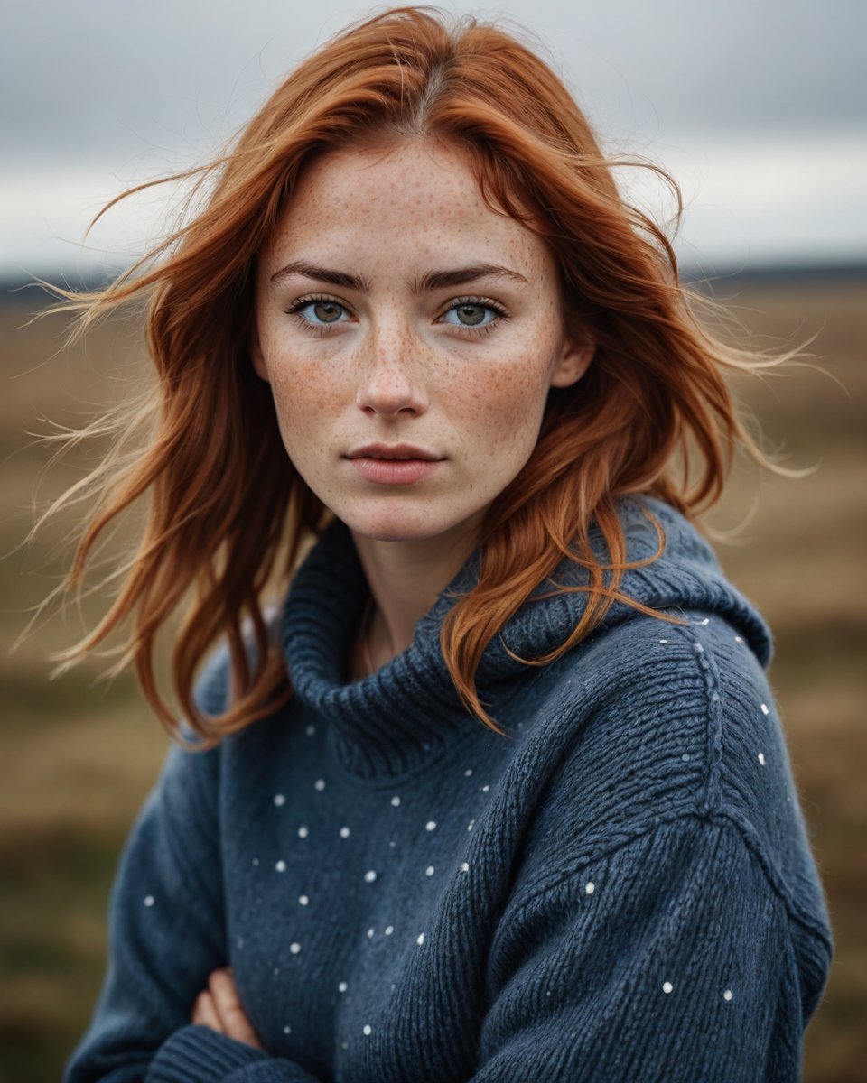 medium_shot, photo of a nordic woman with freckled hair, brown eyes, wearing a wollen sweather and blue jeans, cloudy and windy day,fine art, medium format photography  hasselblad 35 mm, sharp focus,photo r3al