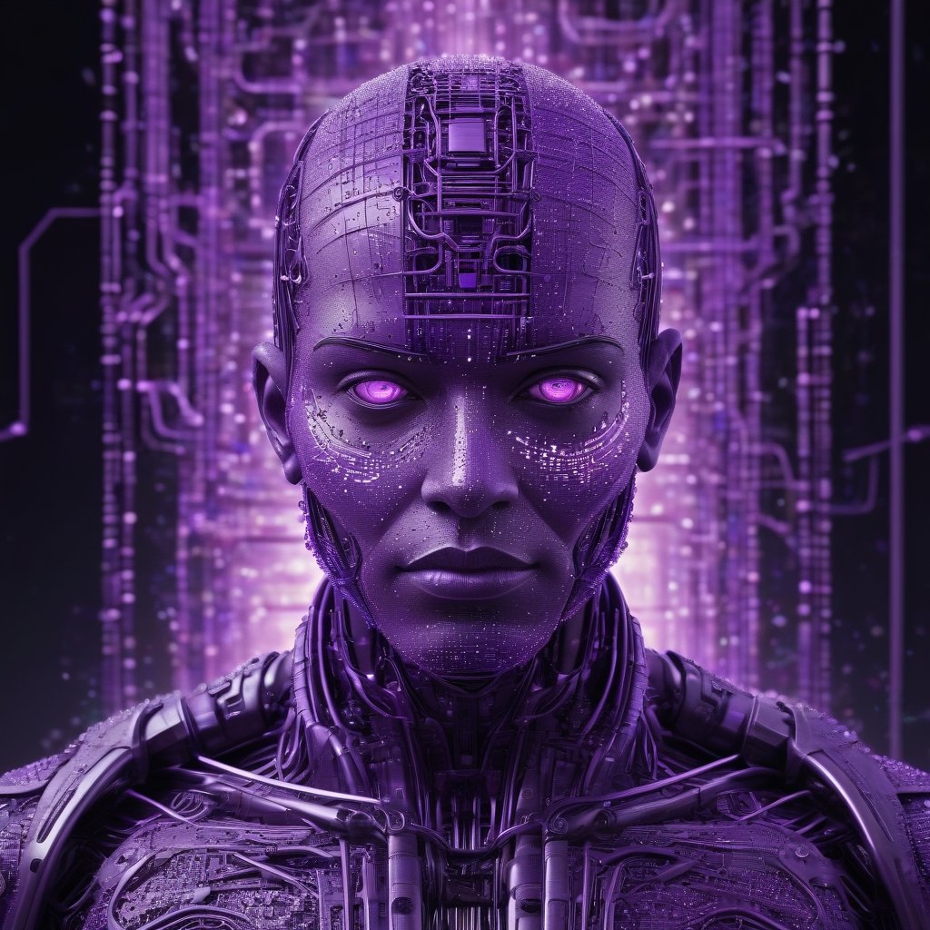 Commercial photography, powerful explosion of purple dust,Hyper-realistic portrait of hyperdimensional artificial male humanoid cyborg made of electrical wires and steel pipes, made by binary code lines,beautiful intricately detailed, with regularly textured bioluminescent skin, (vertical lines of purple movie matrix code:1.4)