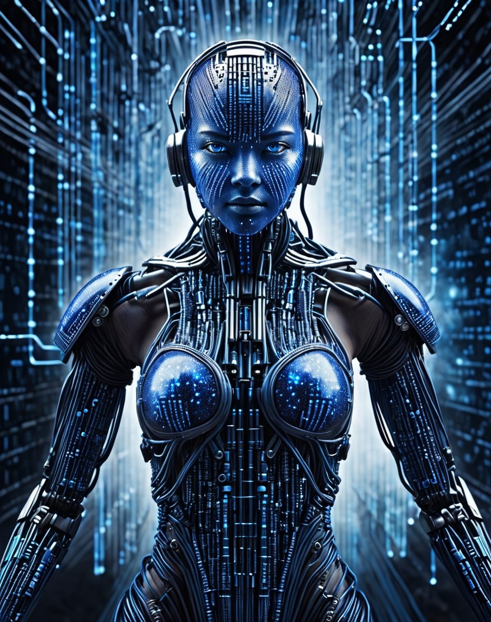 Commercial photography, powerful explosion of blue dust,Hyper-realistic portrait  of hyperdimensional artificial humanoid cyborg made of electrical wires and steel pipes, made by binary code lines,beautiful intricately detailed, with regularly textured bioluminescent skin, (vertical lines of blue movie matrix code:1.4),cyborg style