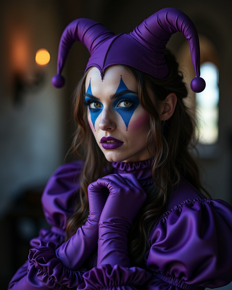 A photograph of a beautiful jester woman,serious expression, purple and blue make up, on the whole face, purple gloves gloves with ruffles, in a middle age castle room, the only light comes from a window from above right to her, chiaroscuro, detailed, UHD,8K