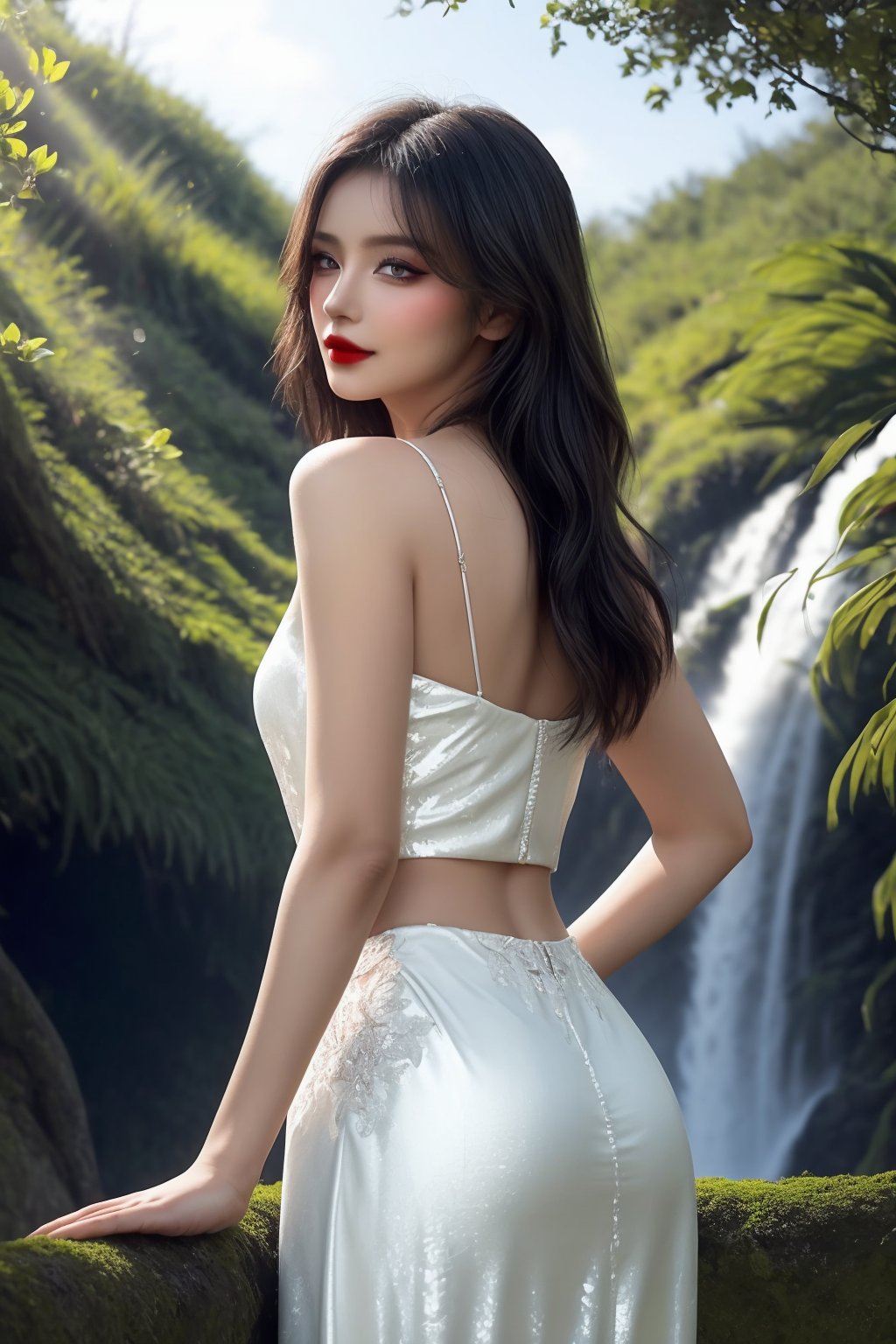 A serene tableau unfolds: a lone female figure, hair a raven waterfall cascading down her back, stands barefoot amidst lush greenery. A flowing white gown shimmers in sunlight filtering through trees, her fingers gently grasping the skirt's hem. A subtle smile adorns her lips, dark red lipstick glistening. Her photorealistic eyes, with intricate details and lifelike sheen, seem almost human. Fine skin texture hints at imperfection, infusing vulnerability into her unbridled beauty. Four fingers and one thumb flex in a gentle pose, poised to spring to life.