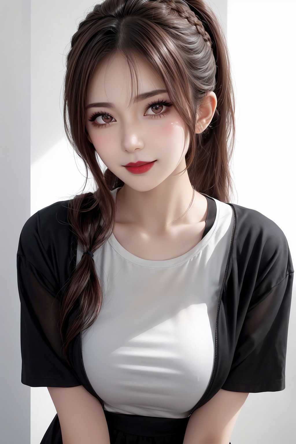On a simple white background, a 20-year-old woman exudes casual charm. Her braided ponytail, with intricately woven strands, adds sophistication to her laid-back style. She wears a comfortable T-shirt, its design reflecting a relaxed vibe, and her dark red lipstick complements the subtle details of her hairstyle. Her fair skin glows with an ultra-fine texture, and her eyes are big and beautiful, with delicate eyelids. A warm, confident smile plays on her slightly upturned lips. She poses with a relaxed posture, inviting the viewer to approach. The lighting highlights the texture of her outfit, emphasizing the fabric's subtle details. Her extremely delicate face and hair create an atmosphere of ease and approachability.