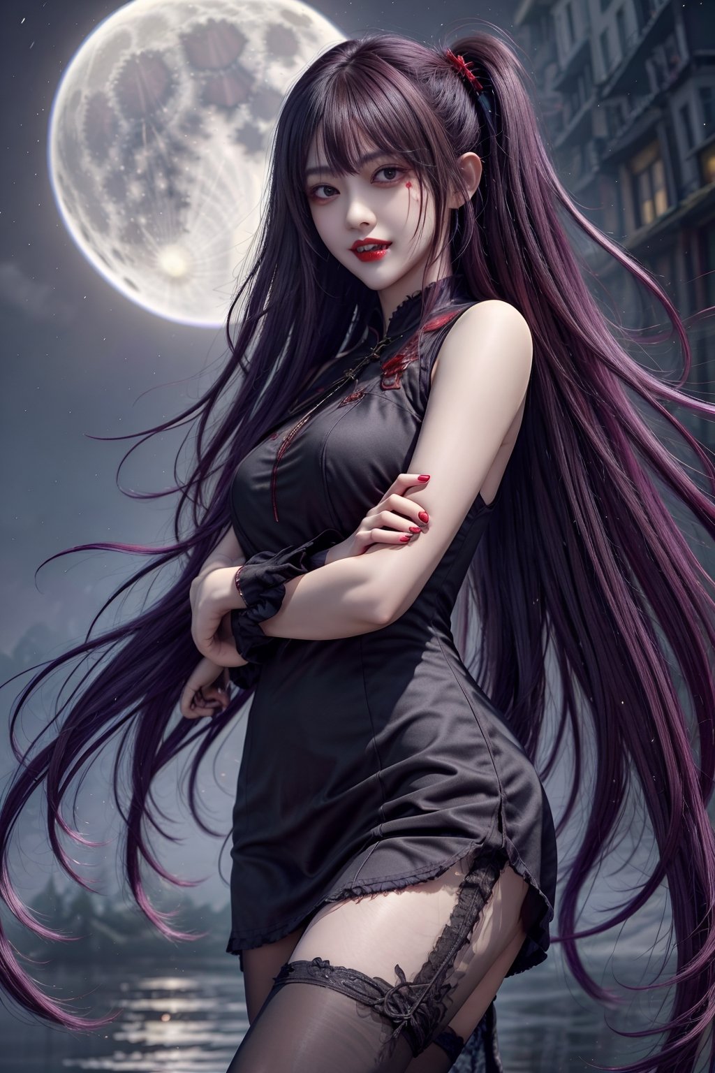 masterpiece,full body portrait,surrealism,best quality, top quality, ultra highres, 8k hdr, 8k wallpaper, RAW, huge file size, intricate details,sharp focus,natural lighting, professional,amazing,finely detailed,delicate, realistic,cinematic light,1girl,solo,expressionless,Side ponytail,((fangs)),blood red hair,Blood red lipstick,portrait,(vampire),((Slightly raised mouth: 1.3)),ruined city,blood red moon, very detailed facial details, noble temperament,perfect body proportions,red hair, evening dress,short skirt, black pantyhose, fangs, floating , looking at the viewer, moonlight, night, bloody stream, blood on face, evil smile, from below, blood, streaks of blood in the air, river of blood, more details,ll-hd,治疗,cute,COS,清纯美少女,清纯,bzsohee,Wusiii