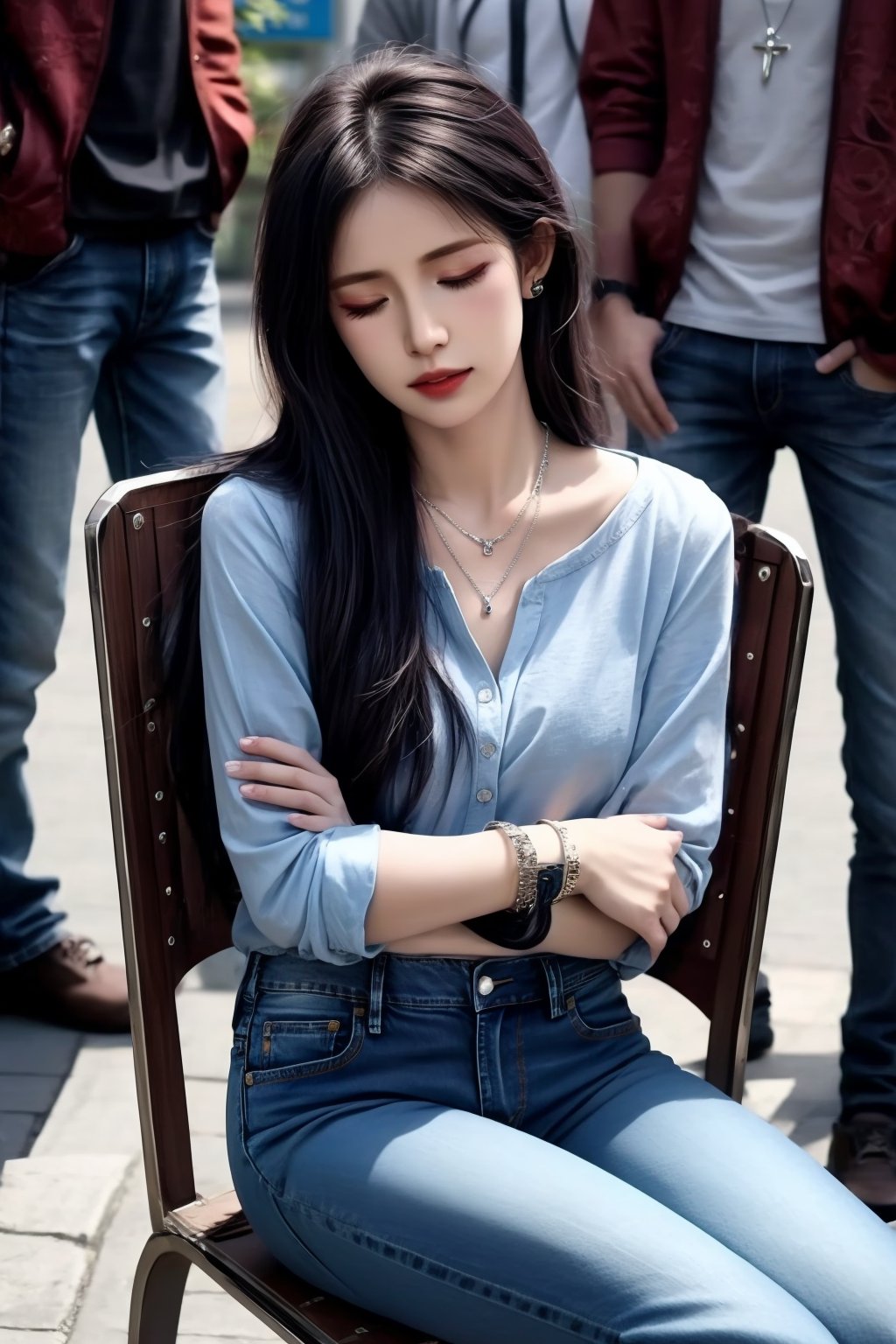 1girl, long hair, shirt, black hair, jewelry, sitting, closed eyes, multiple boys, solo focus, pants, necklace, bracelet, chair, table, denim, jeans, realistic, bench, photo background