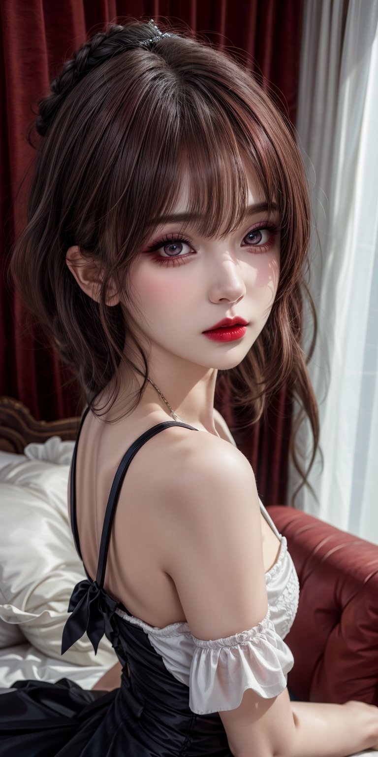 female,(masterpiece, best quality, ultra detailed, absurdres)1.5,white shirt black dress neck ribbon,1girl short hair,Slightly raised lips, dark red lipstick, beautiful and delicate eyes, extremely delicate and beautiful girl, cute, extremely delicate face, beautiful face, beautiful and delicate hair, very aesthetic,demonictech, red hair, bangs, sitting, from_behind, looking_at_viewer