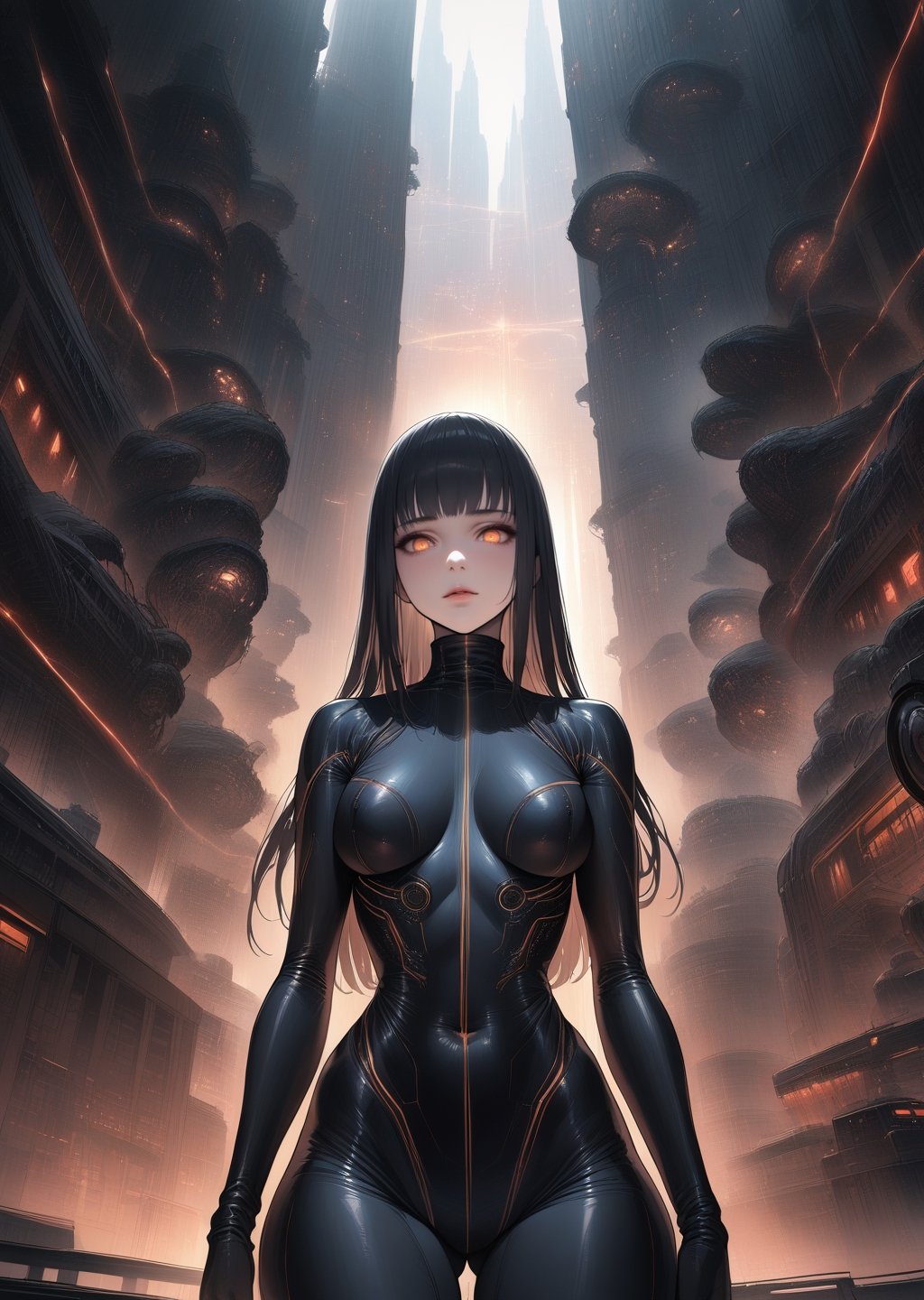 1girl ,  realistic face, black hair 
straight hair
turtleneck
wide shot
glowing circuit 
 
sci-fi
by 
H. R. Giger
dark horror
perspective 

   masterpiece best quality

