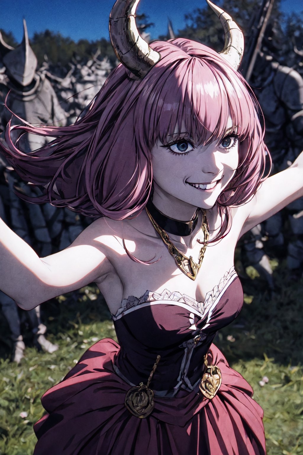 1girl ,  smile,   aura the guillotine   horns, shadows 
summoning undead soldiers, 
souls 
,(best quality