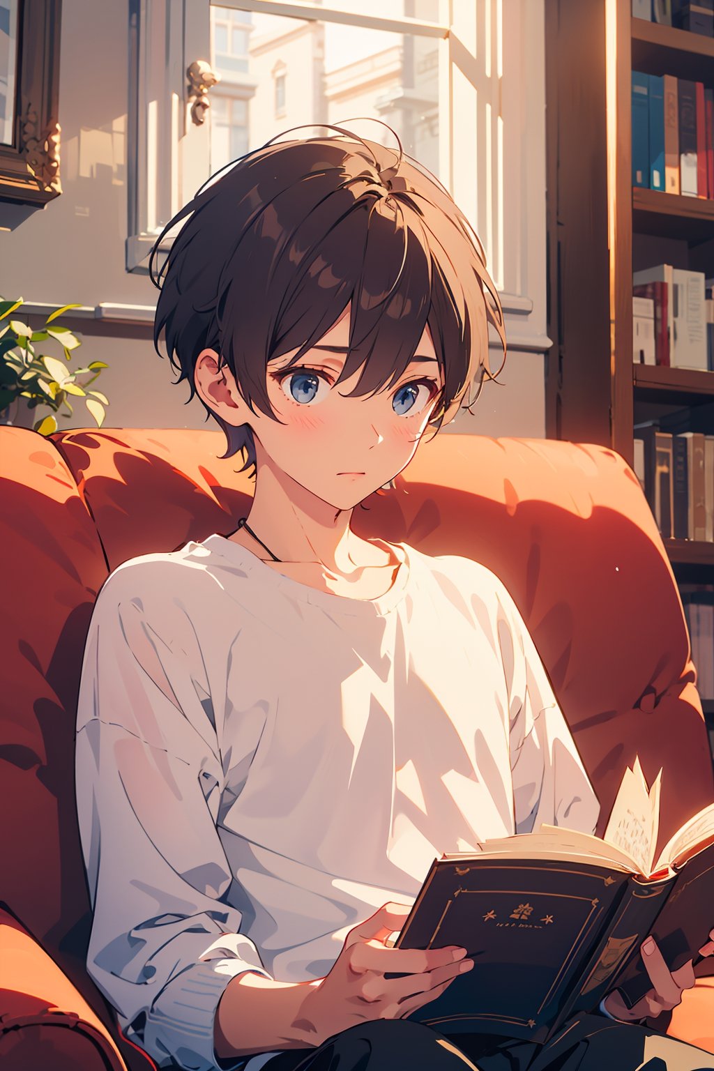 1boy, short hair, upper body,  reading, sofa, cozy 
 (masterpiece),  (best quality:1.2), 