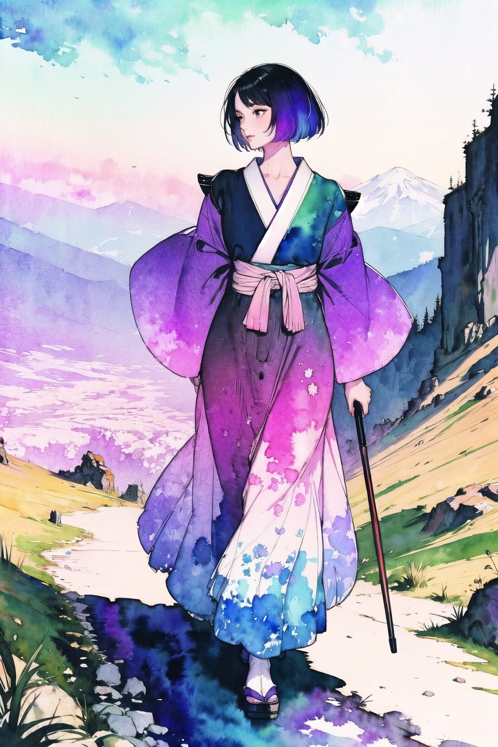 1girl,   walking in a beautiful mountain 
syphabelnades,amano yoshitaka, 
watercolor  Gradient mastery, 