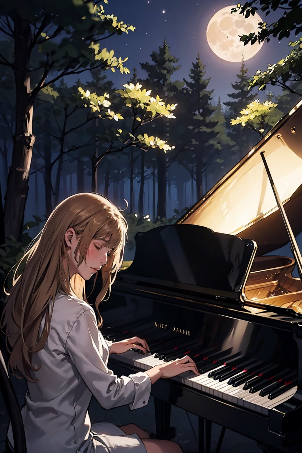   
 a  girl playing Piano at Night in a Forest moon light, 
a cat sleeping on the piano
  masterpiece, 