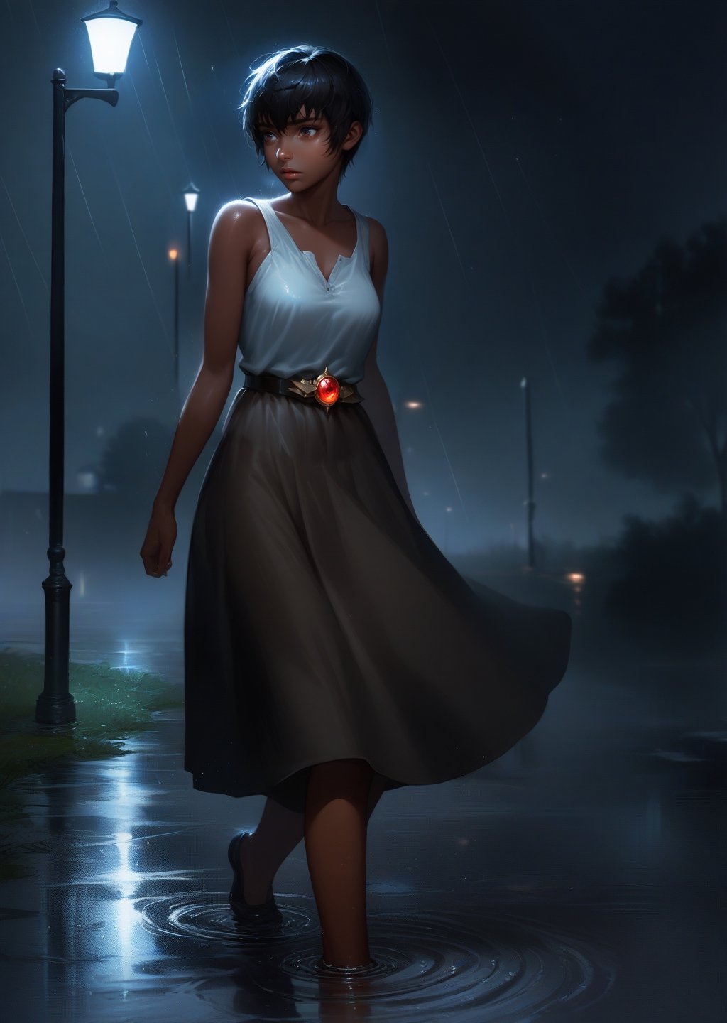 1girl, casca \(berserk\), berserk. 
dark skin
realistic oldest 
  waiting,  evoking loneliness and solitude, bold strokes, , torrential thunderstorm, windy, night, dark, , vision obscured, desolate, lamppost, puddles, distant headlights 
  chromatic aberration
 

 masterpiece, best quality, very aesthetic, absurdres

