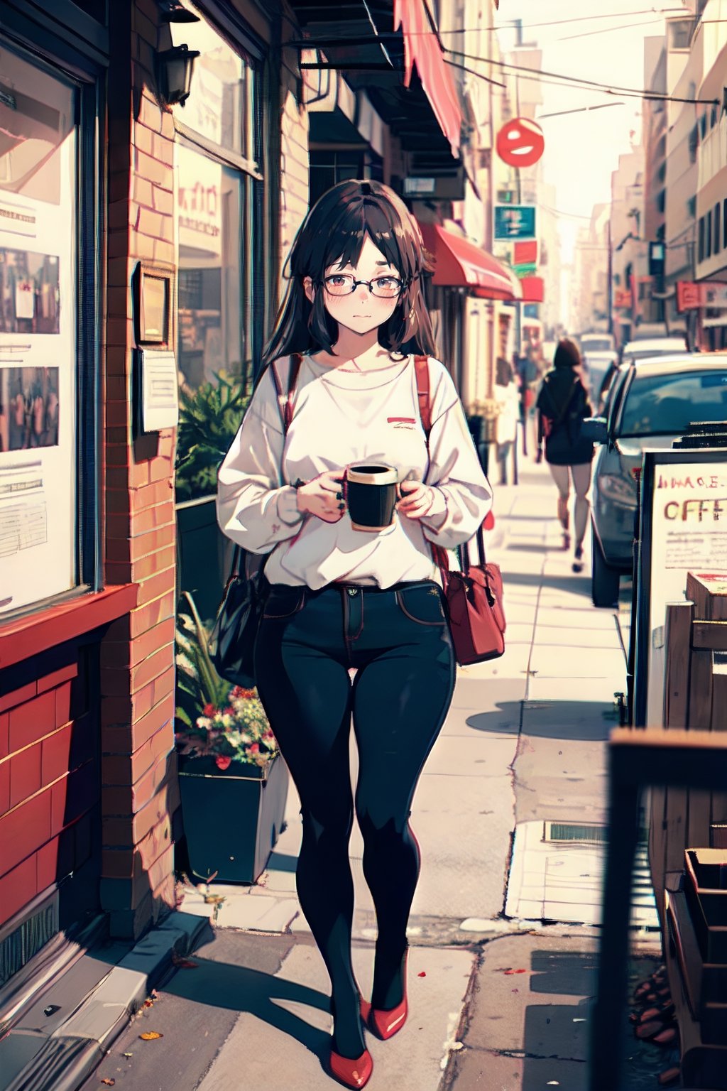 1girl (thick frame glasses),  blush, shy,
POV, dating,   coffee cup, full body,