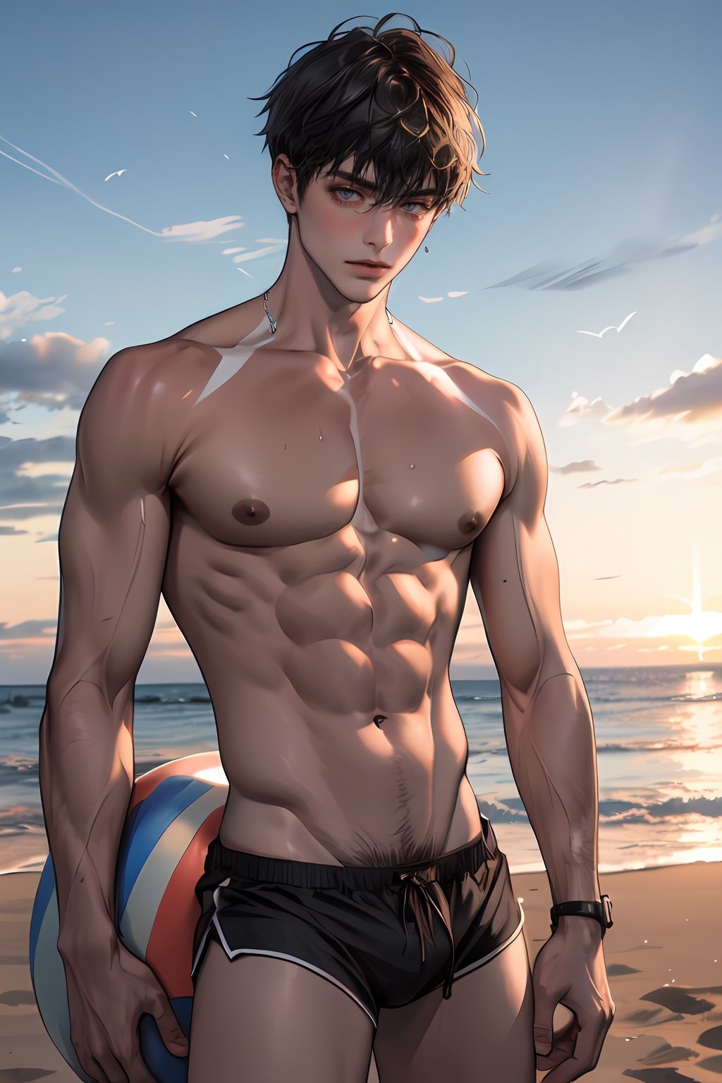  (1boy),   tan, beach, sunset, shadows, rim light , boner 

(masterpiece, best quality:1.2),Micro shorts