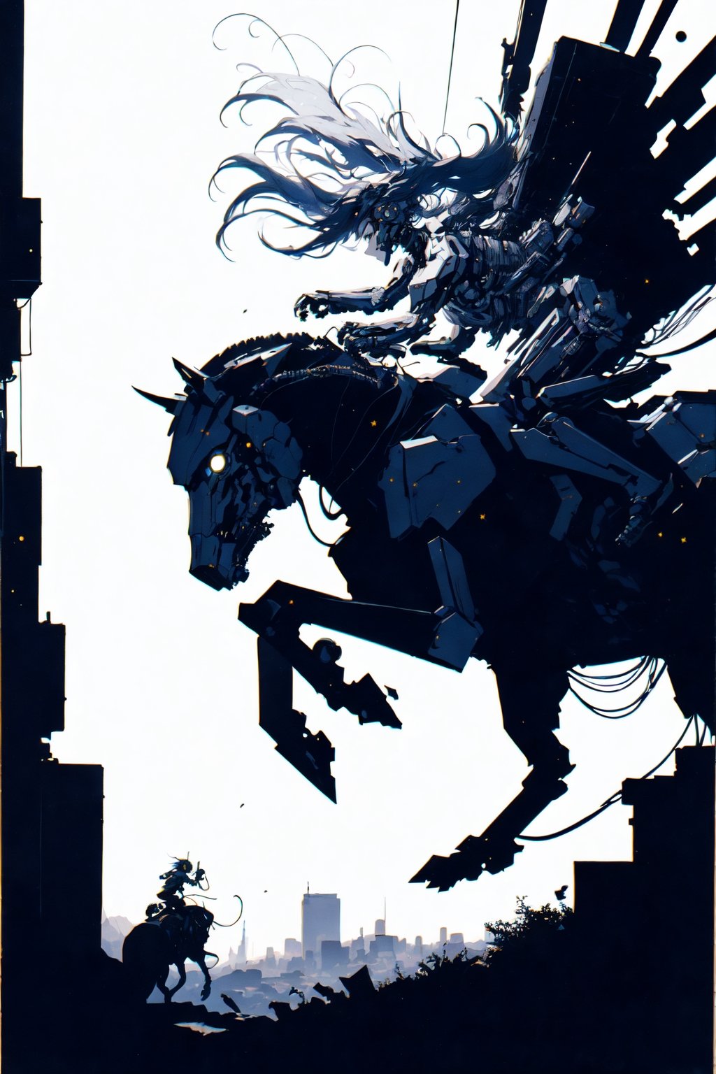 1girl ,
cyberpunk world,   a  warrior riding a mecha animal,  jumping forward,  high contrast, flat edges,  starry night,  