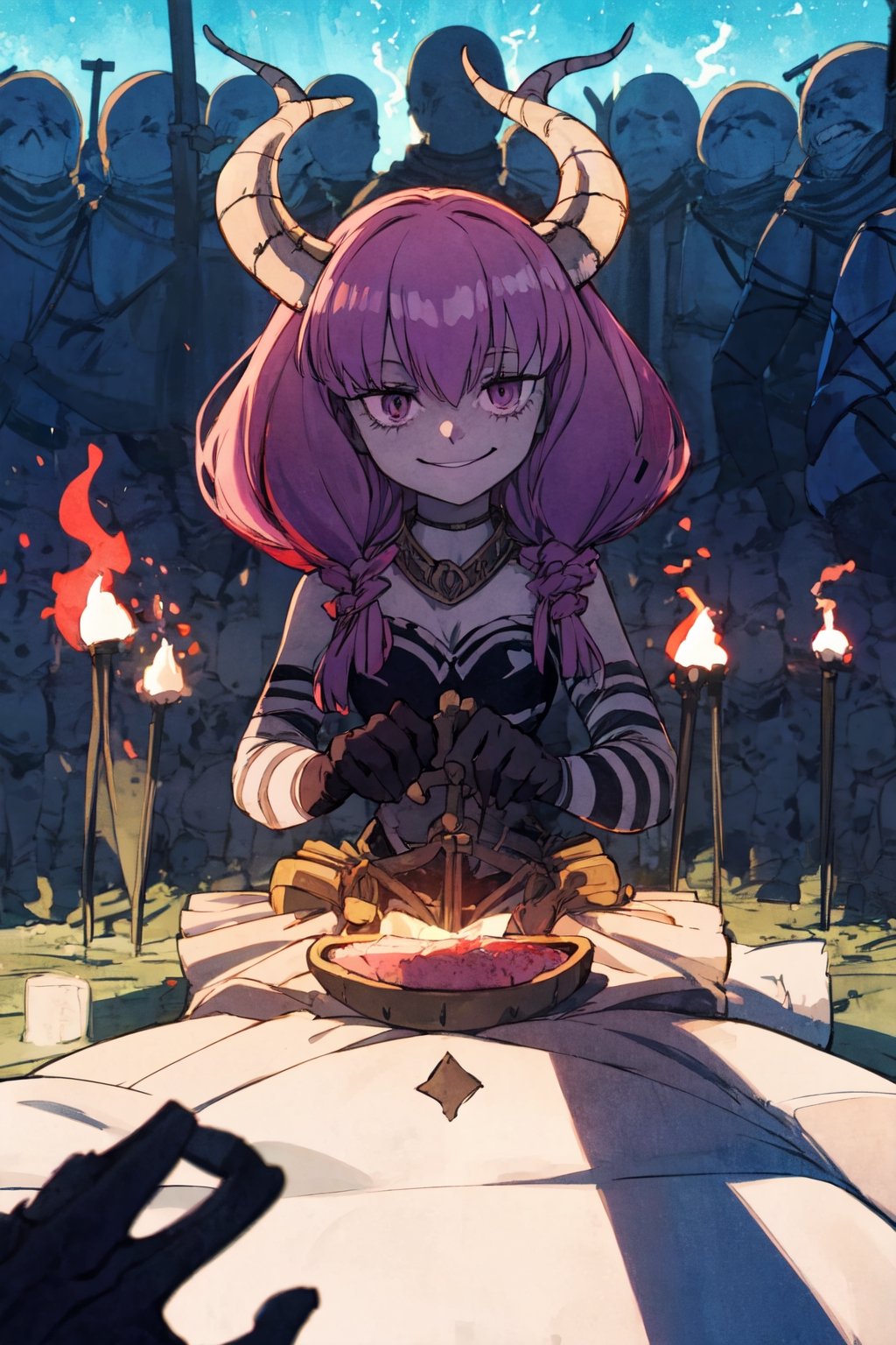 1girl ,  smile,   aura the guillotine   horns, shadows 
summoning undead soldiers, 
souls 
,(best quality