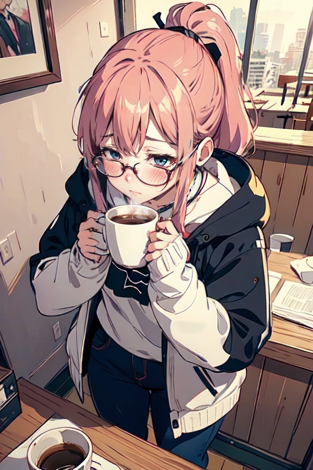 1girl (thick frame glasses),  blush, shy,
POV, dating,   coffee cup, full body,