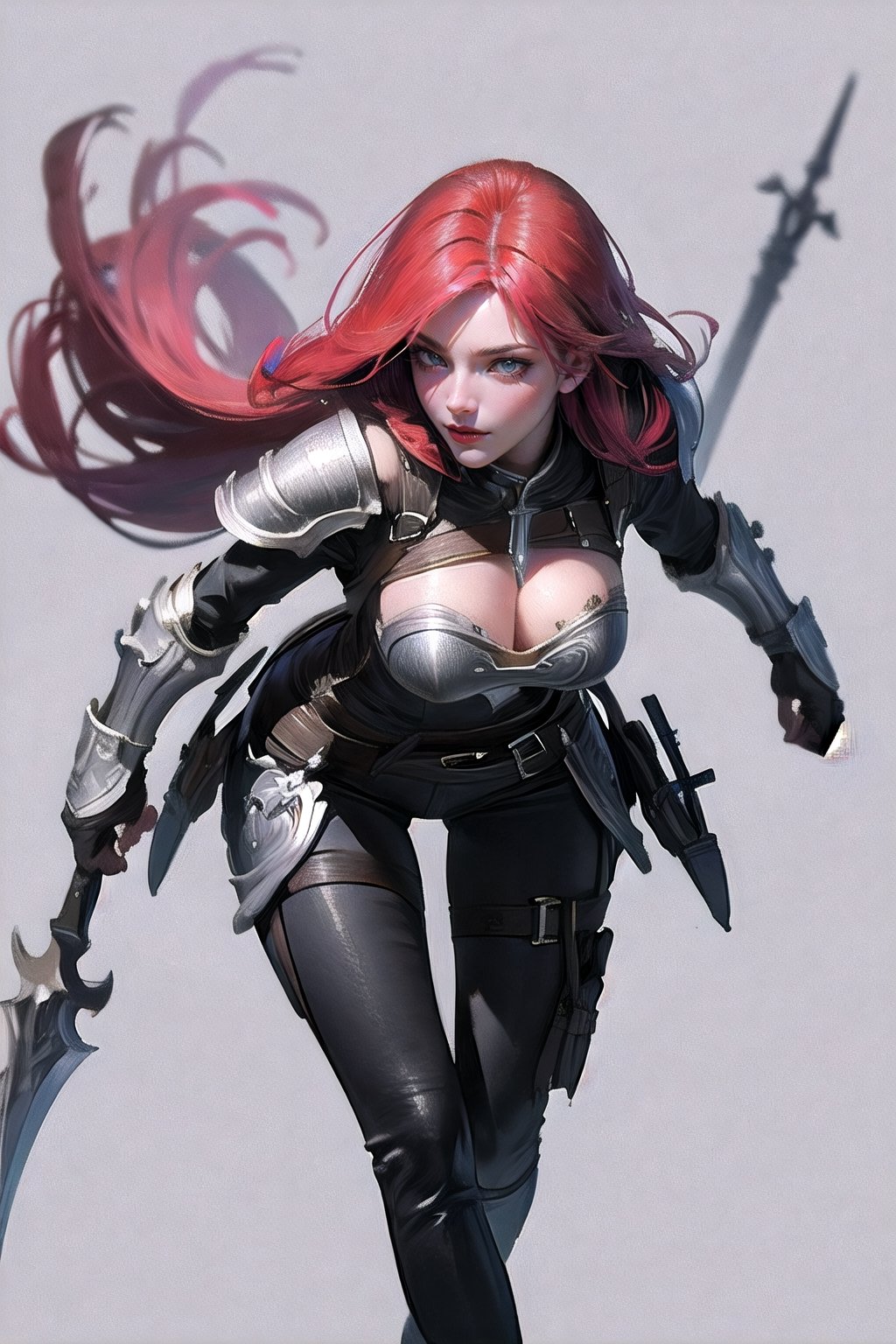 
1girl KATARINA, tattoo, cleavage, black pants  ARMOR, 
battle stance
leaning forward ,KATARINA,ARMOR,girl