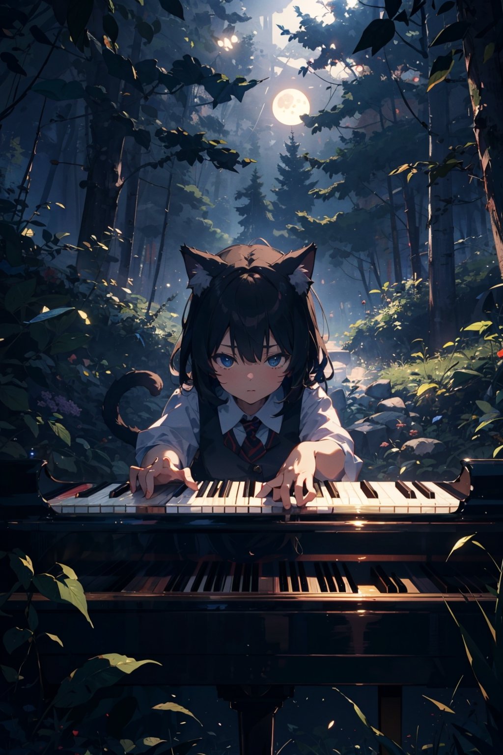   
 a Cat girl playing Piano at Night in a Forest moon light, 
close up , pov 
  masterpiece, 