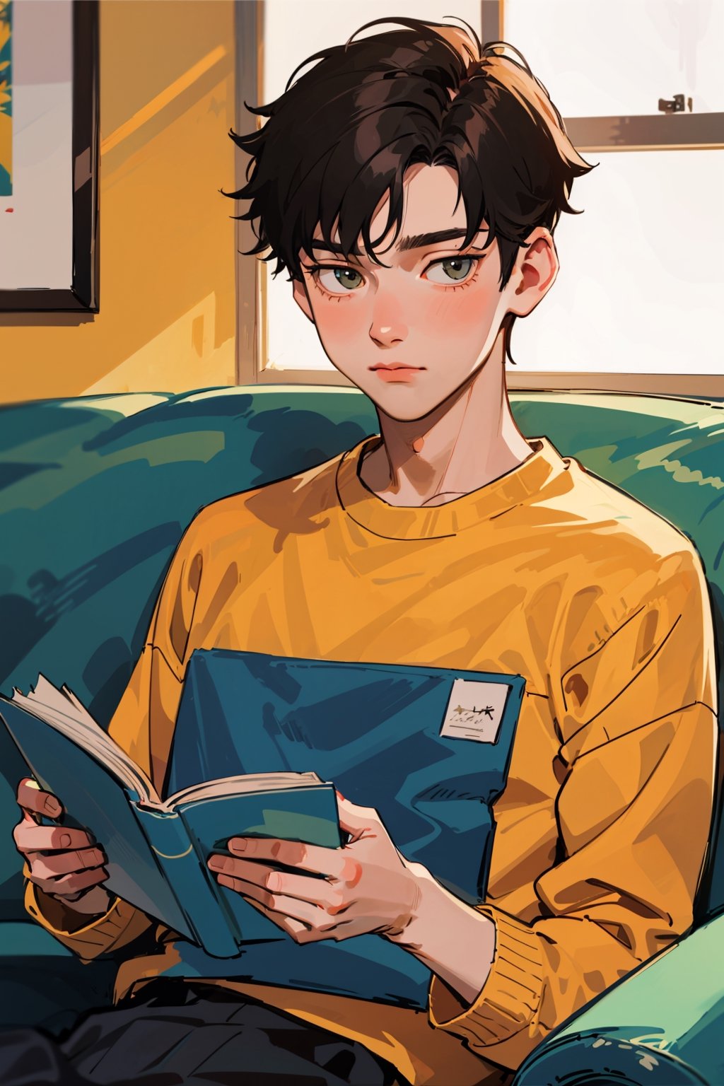 1boy, short hair, upper body,  reading, sofa, cozy 
 (masterpiece),  (best quality:1.2), 