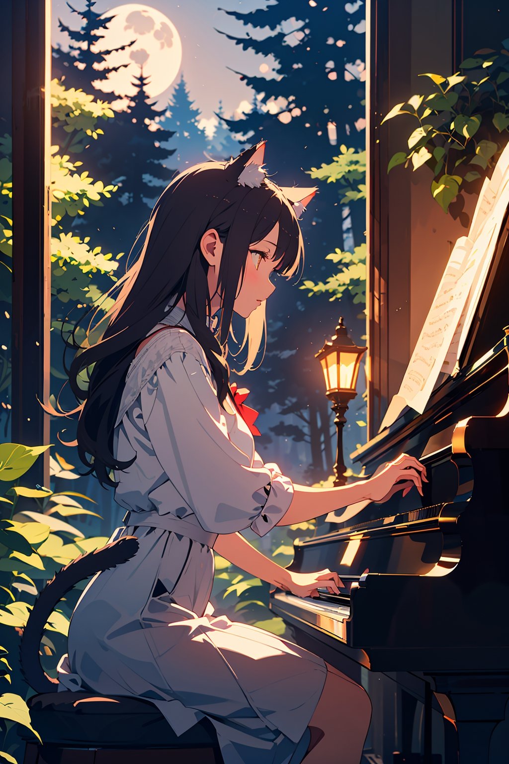   
 a Cat girl playing Piano at Night in a Forest moon light, dramatic lighting
  masterpiece, 