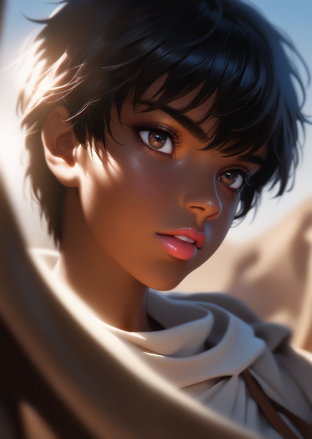 1girl, casca \(berserk\), berserk. 
dark skin
realistic oldest 
dancing in the desert under the moon 
lips, 
beautifully backlit chromatic

  chromatic aberration
 

 masterpiece, best quality, very aesthetic, absurdres

